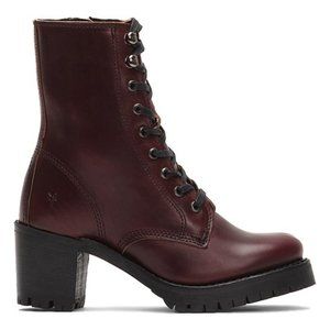 $528 Frye Sabrina Moto Oxblood Burgundy Red Lace Up Leather Combat Ankle Boot